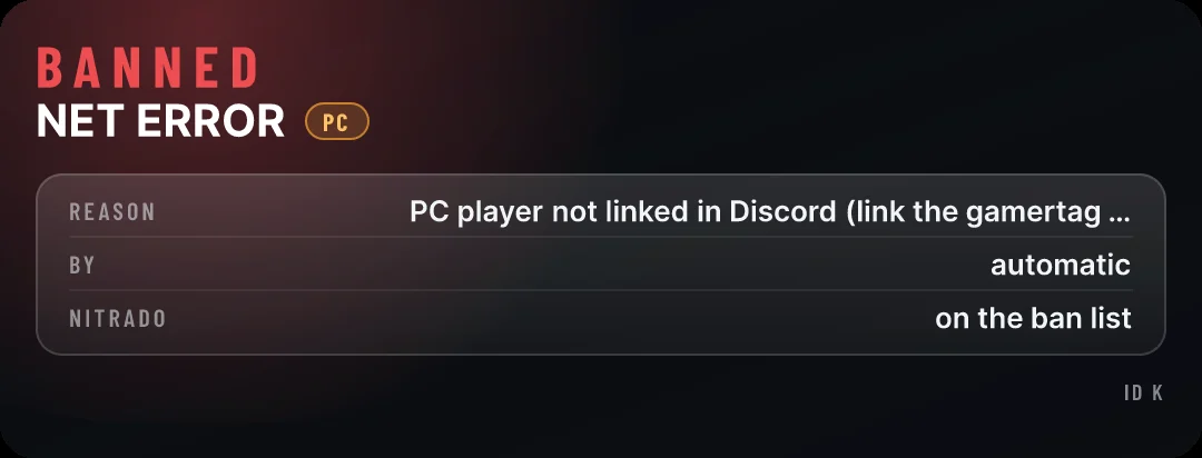 Ban card for a PC player who has not linked in Discord
