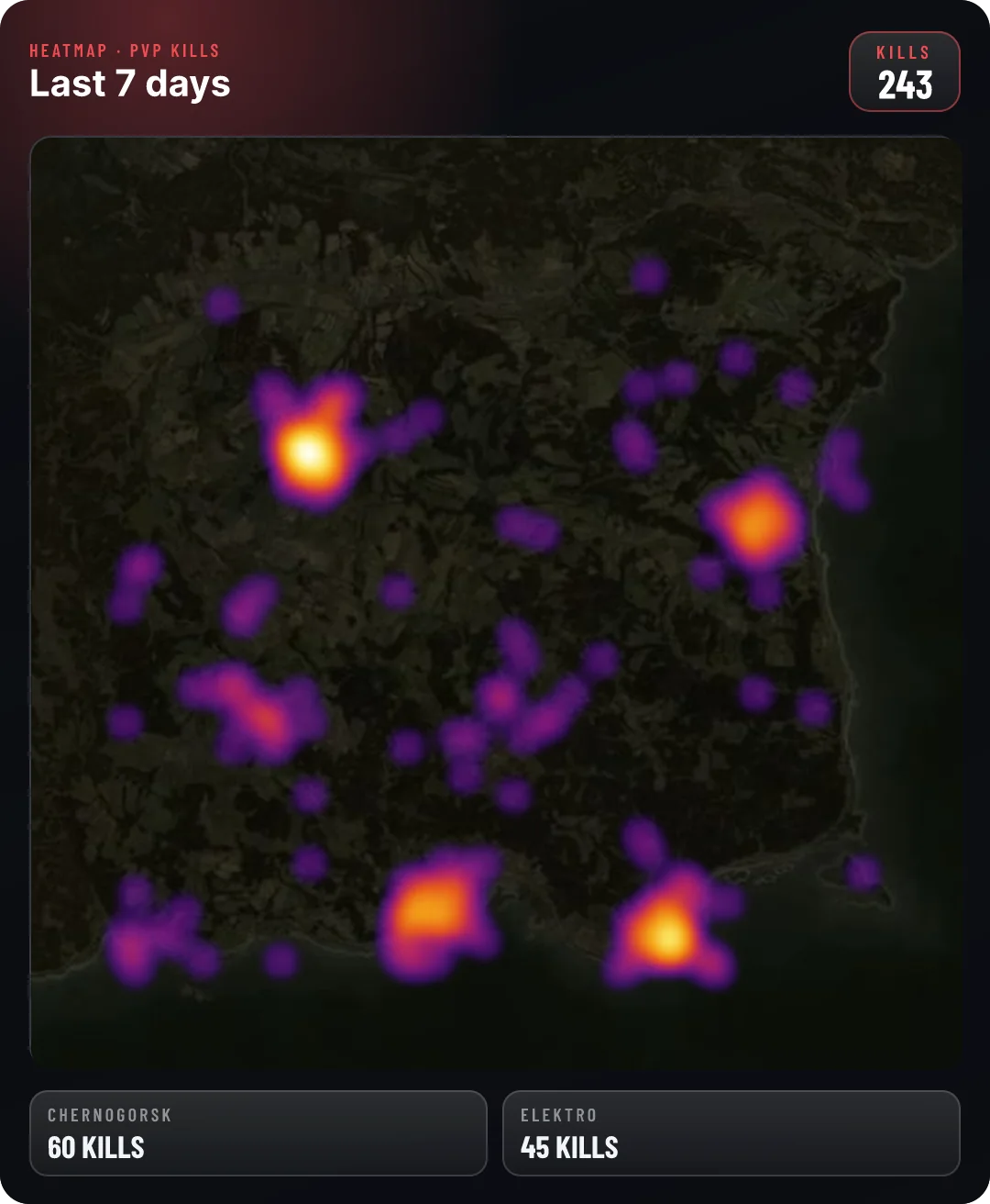 Heatmap card: thermal kill heatmap of Chernarus over the last 7 days, hotspots Chernogorsk and Elektro